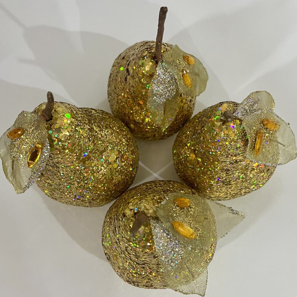 4 Sequin Gold Pear Faux Fruit Jewel Glitter Leaves Decorative Holiday Decor 5” - Picture 9 of 9